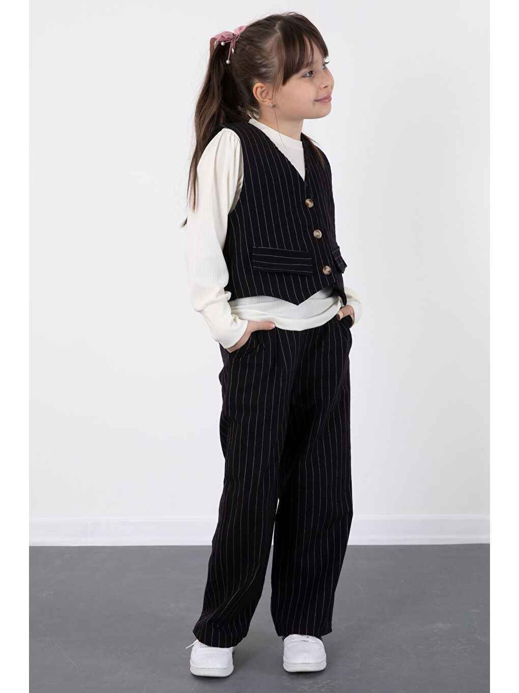 Siyah Çizgi Desenli Yelekli Geniş Paça Pantolonlu Kız Çocuk Badili 3lü Takım 20493-1