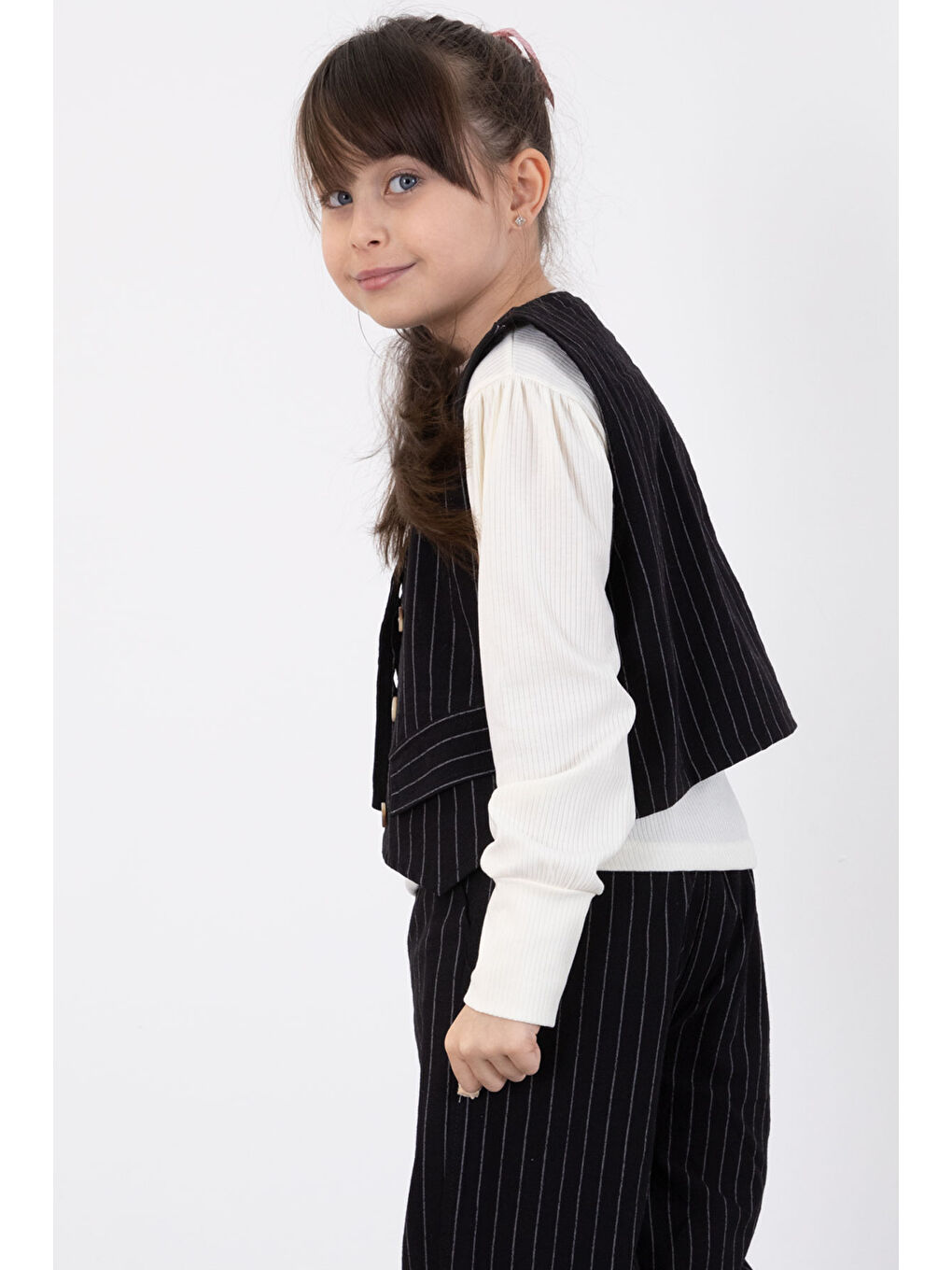 Siyah Çizgi Desenli Yelekli Geniş Paça Pantolonlu Kız Çocuk Badili 3lü Takım 20493-4