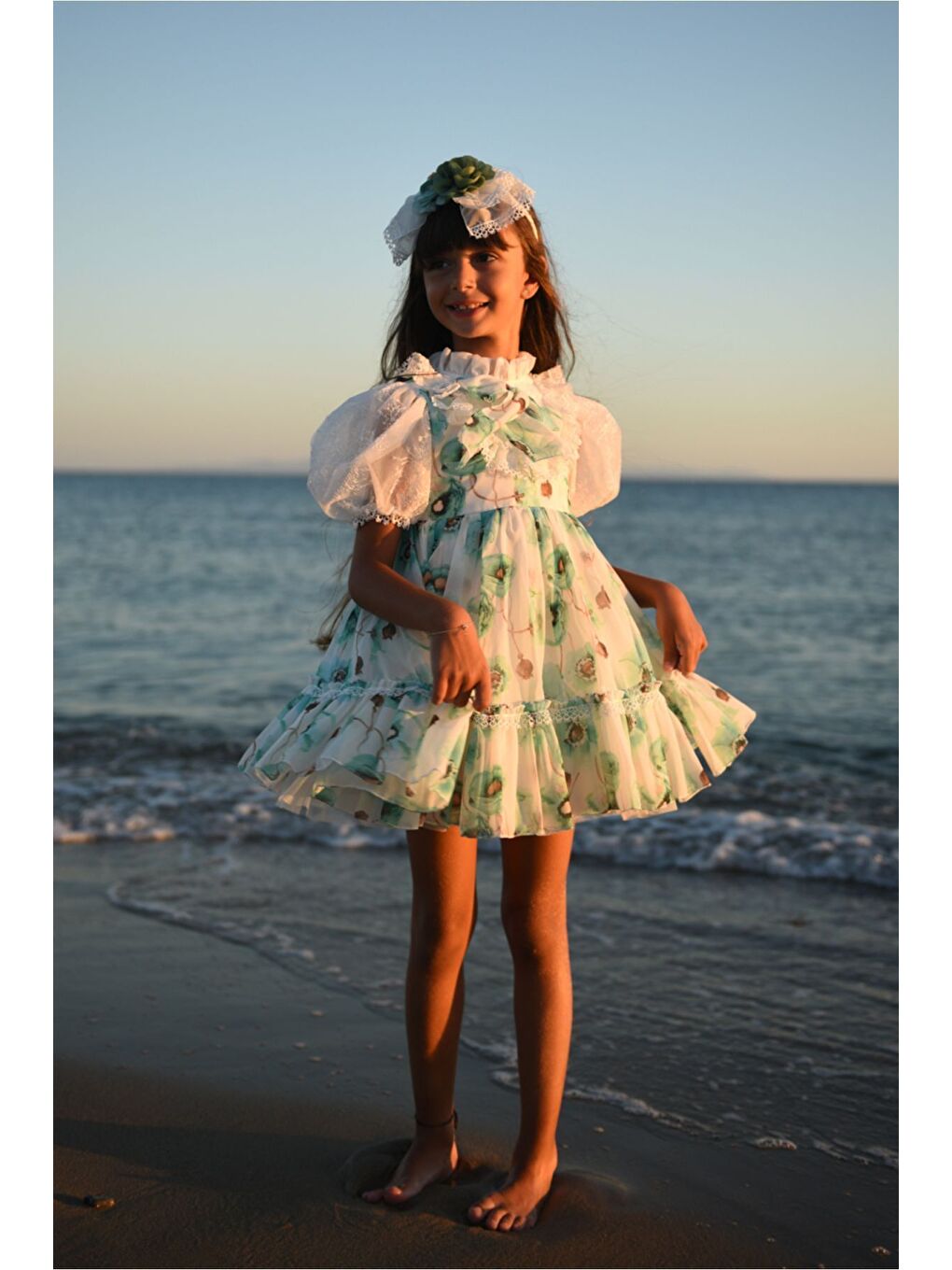 Yeşil Çiçek Baskılı Kız Çocuk Taç Aksesuarlı Kısa Elbise-2
