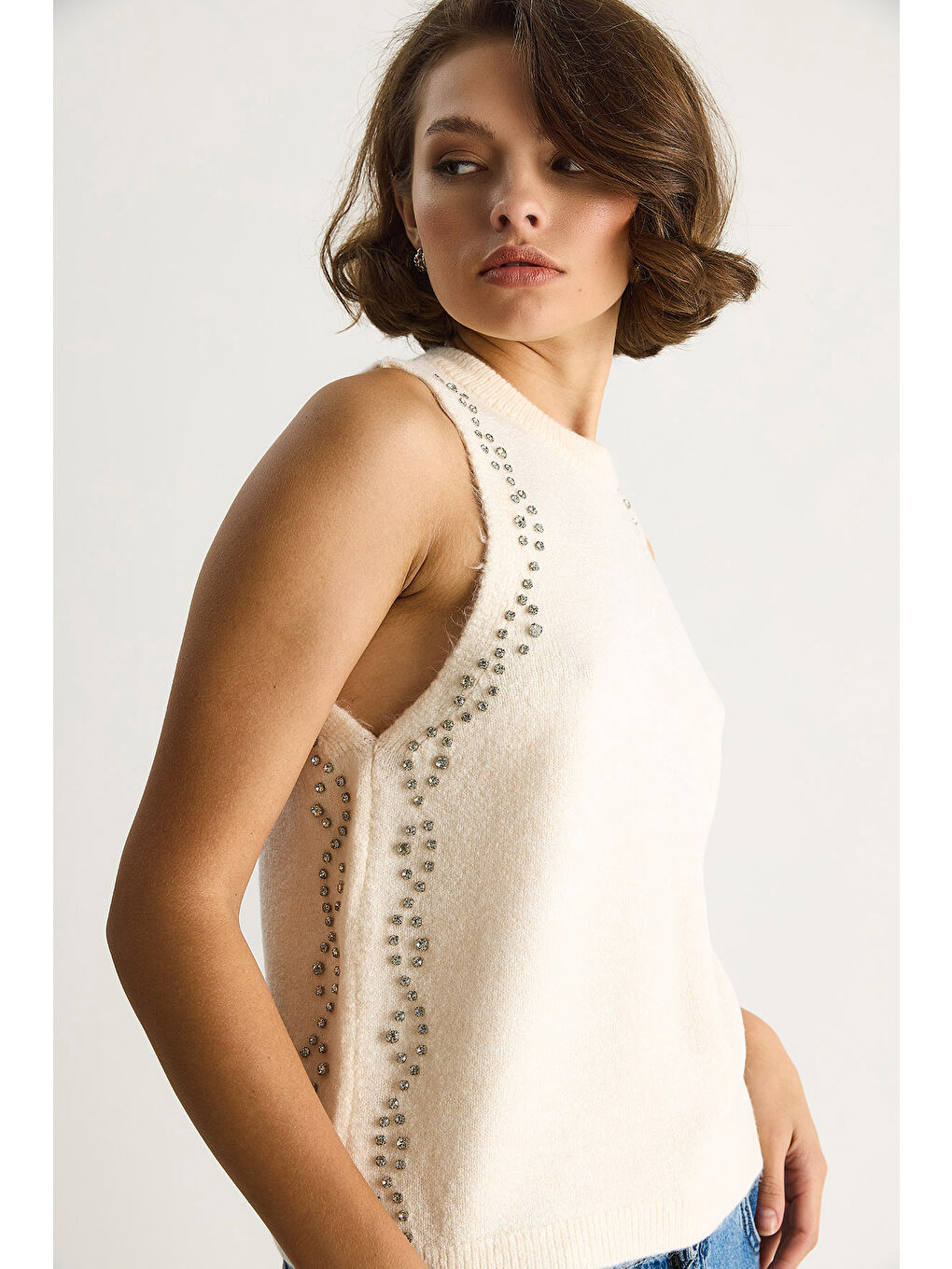 Ekru Kadın Taş İşlemeli Triko Bluz TA-1