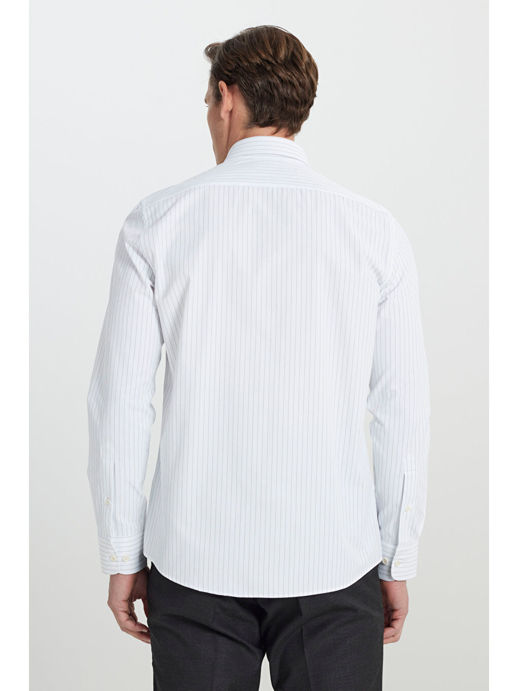 Erkek Beyaz-Haki Pamuklu Oxford Slim Fit Dar Kesim Gizli Düğmeli Yaka Çizgili Gömlek-5