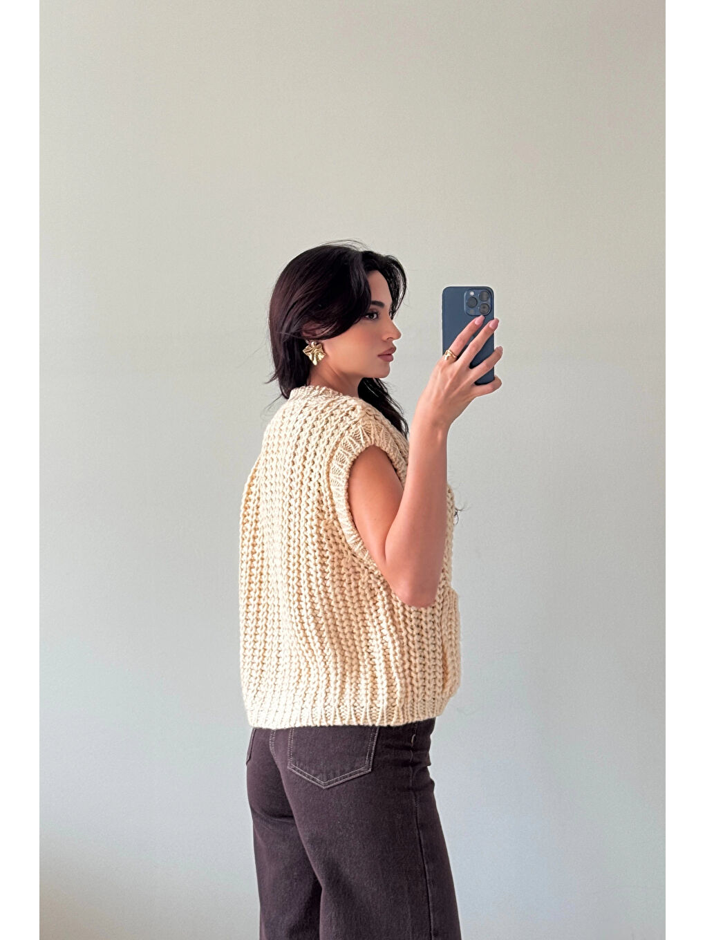 Ekru Kadın Krem Kalın Örgü Yelek 1014-2395-2