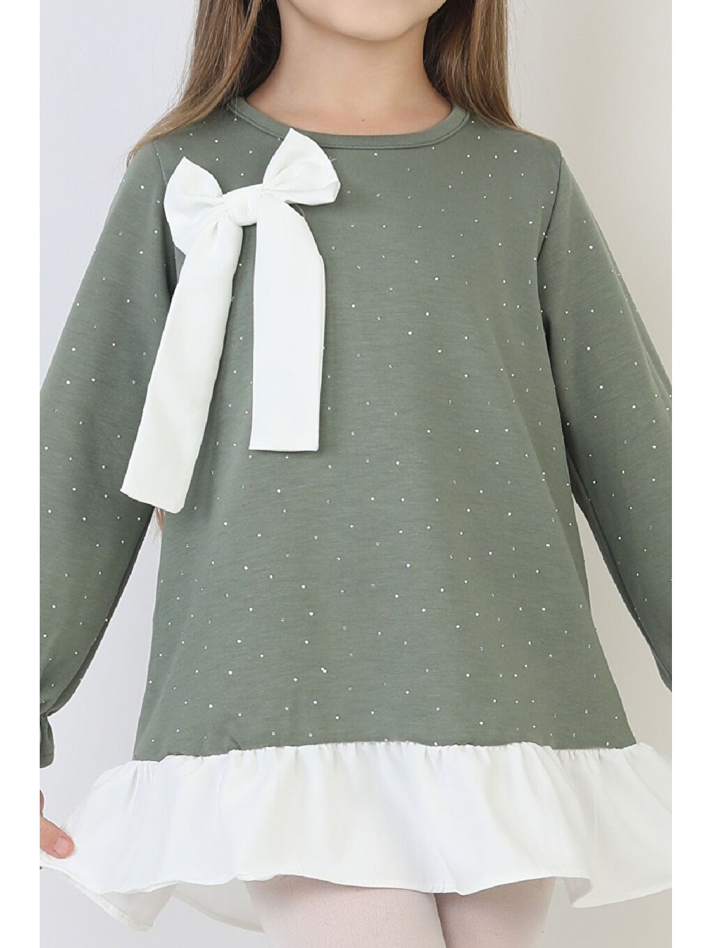 Yeşil Kız Çocuk Tunik Tarz Elbise Taş Süslemeli ve Fiyonklu 4-9 Yaş 12510-1