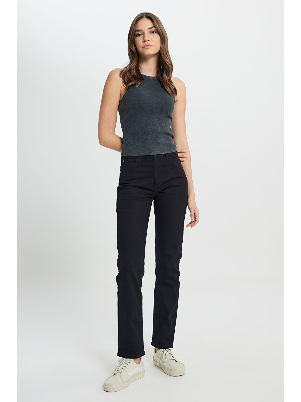 Straight Fit Düz Kesim Yüksek Bel Düz Paça Siyah Jean Jean Pantolon-1