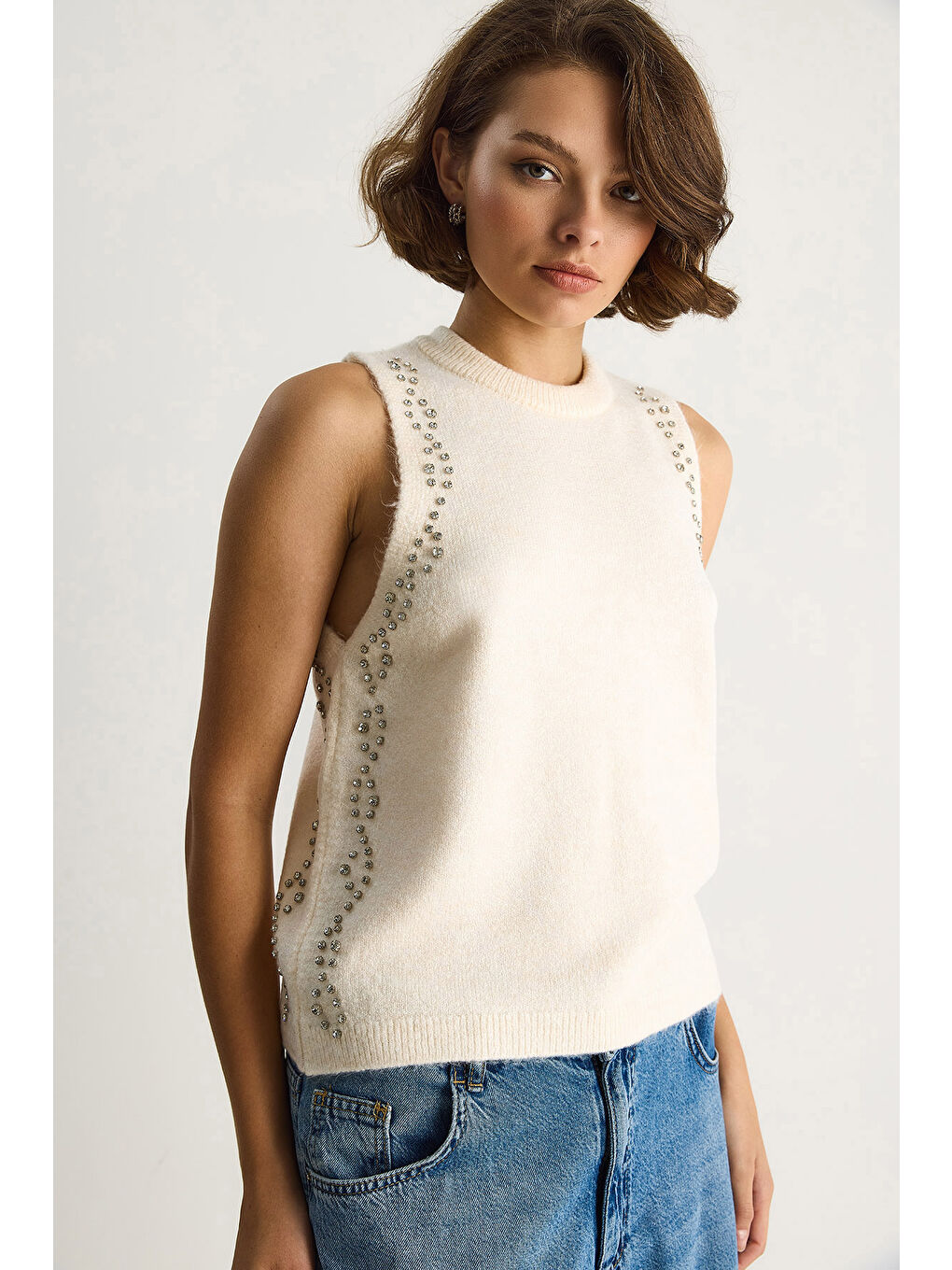 Ekru Kadın Taş İşlemeli Triko Bluz TA-2