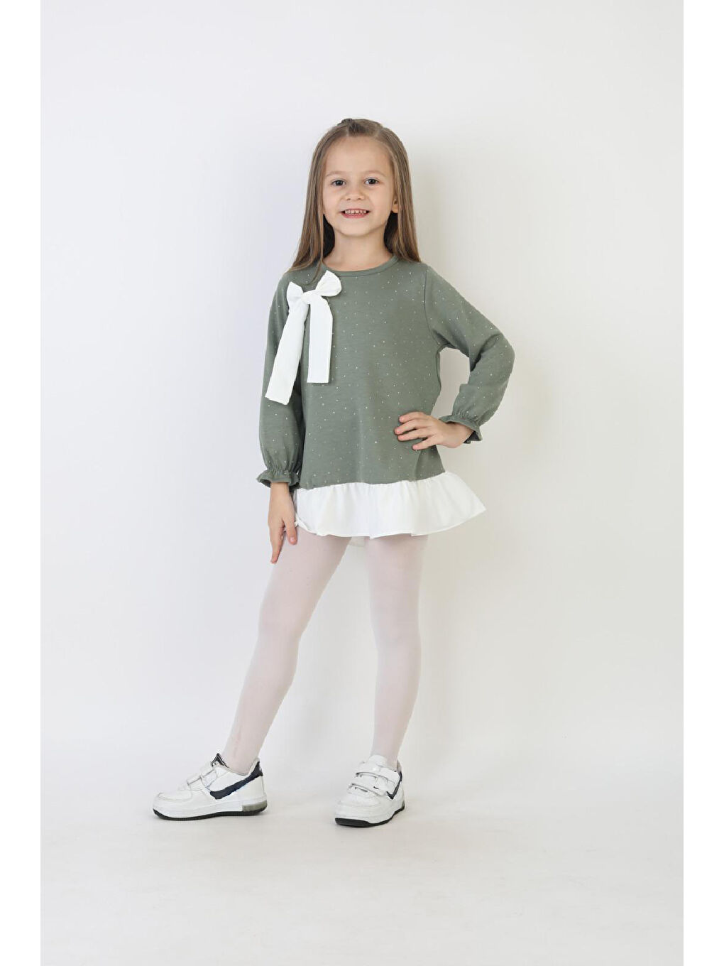 Yeşil Kız Çocuk Tunik Tarz Elbise Taş Süslemeli ve Fiyonklu 4-9 Yaş 12510-2