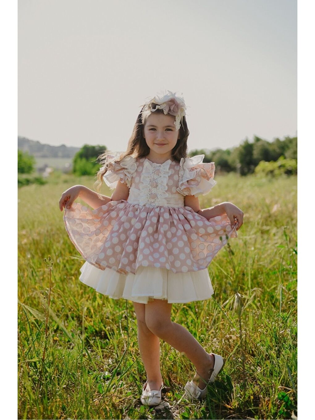 Pembe Puantiyeli Taç Aksesuarlı Kız Çocuk Elbise