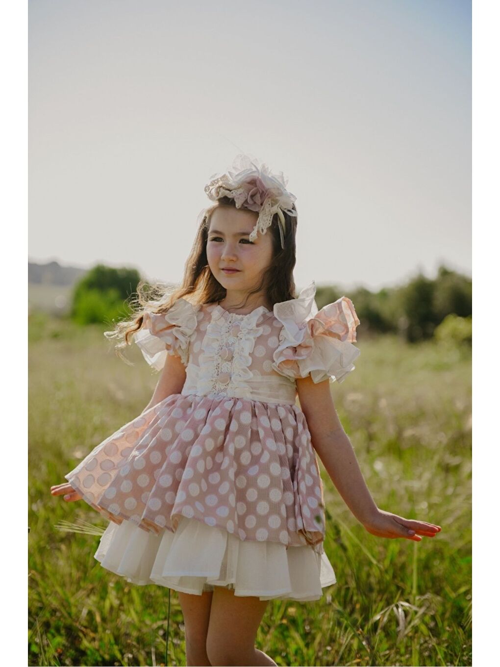 Pembe Puantiyeli Taç Aksesuarlı Kız Çocuk Elbise-1