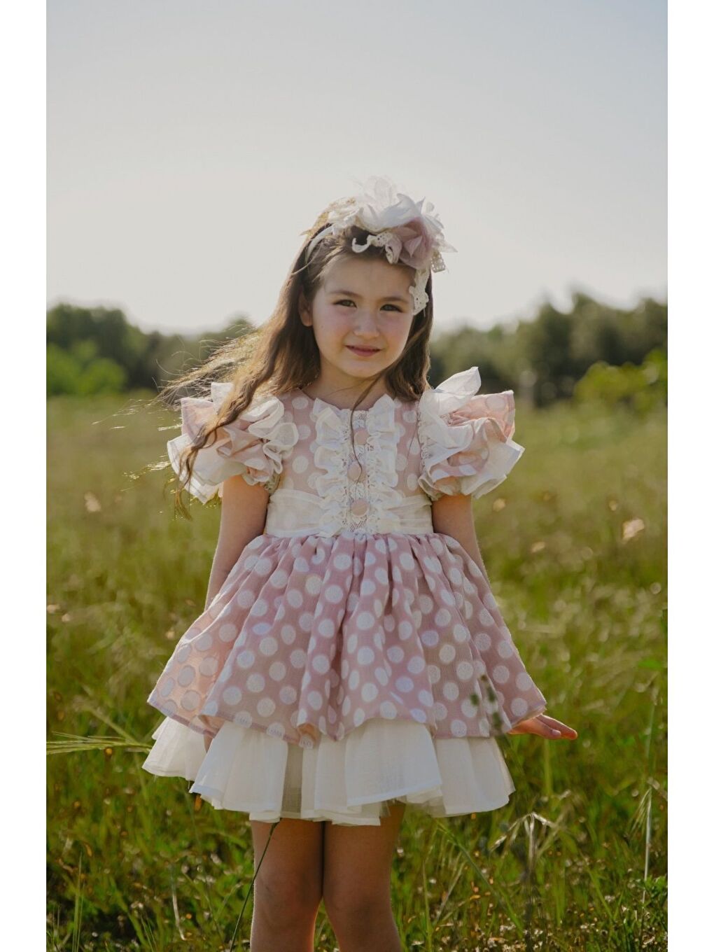 Pembe Puantiyeli Taç Aksesuarlı Kız Çocuk Elbise-2