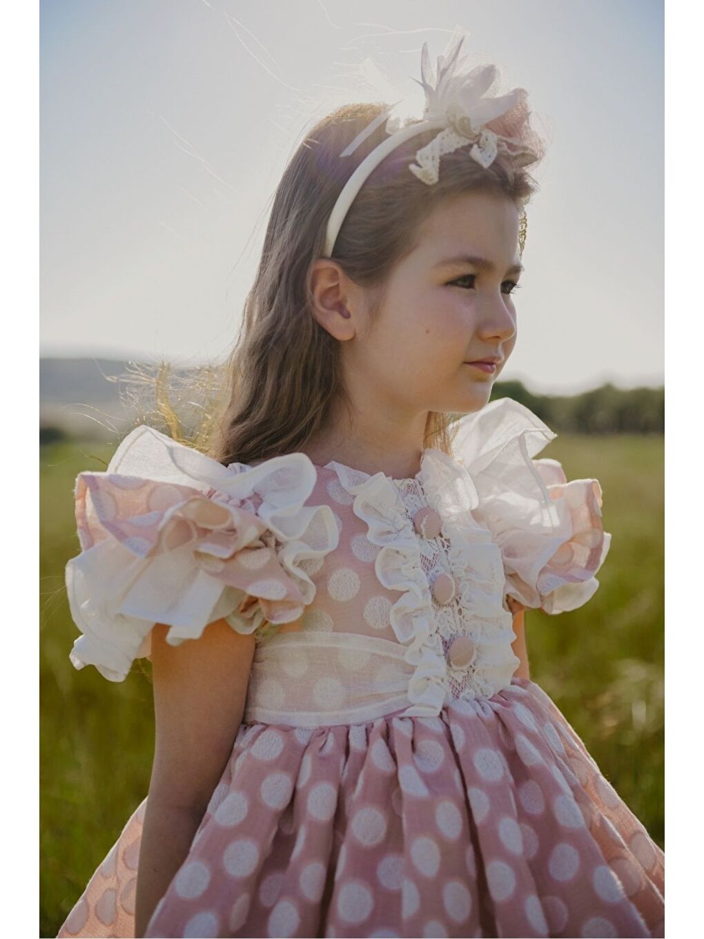 Pembe Puantiyeli Taç Aksesuarlı Kız Çocuk Elbise-3