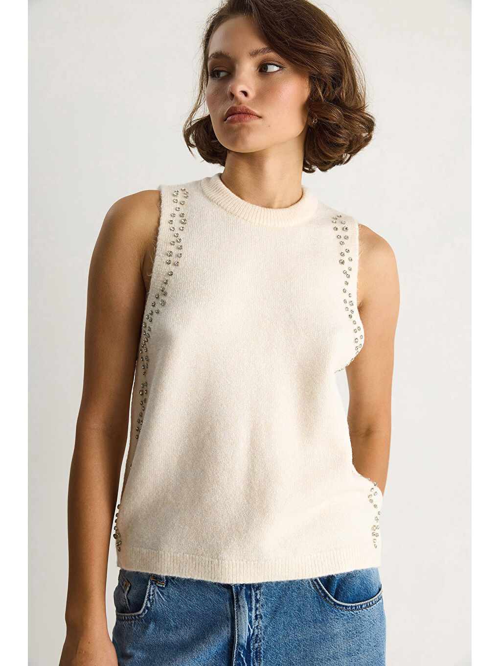 Ekru Kadın Taş İşlemeli Triko Bluz TA-3