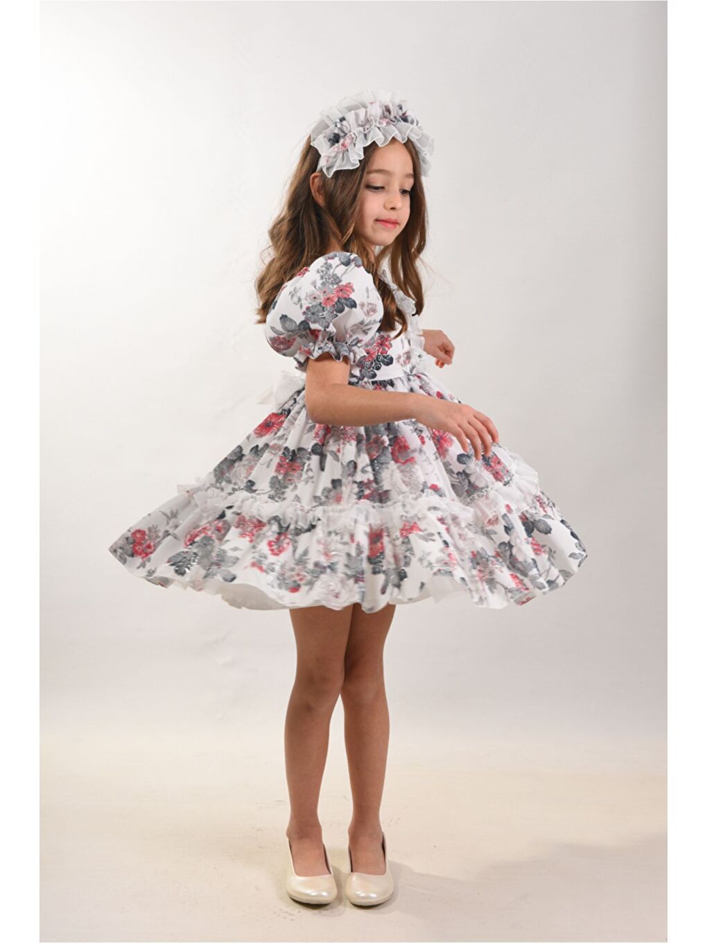 Ekru Çiçekli Saç Aksesuarlı Kız Çocuk Elbise-1