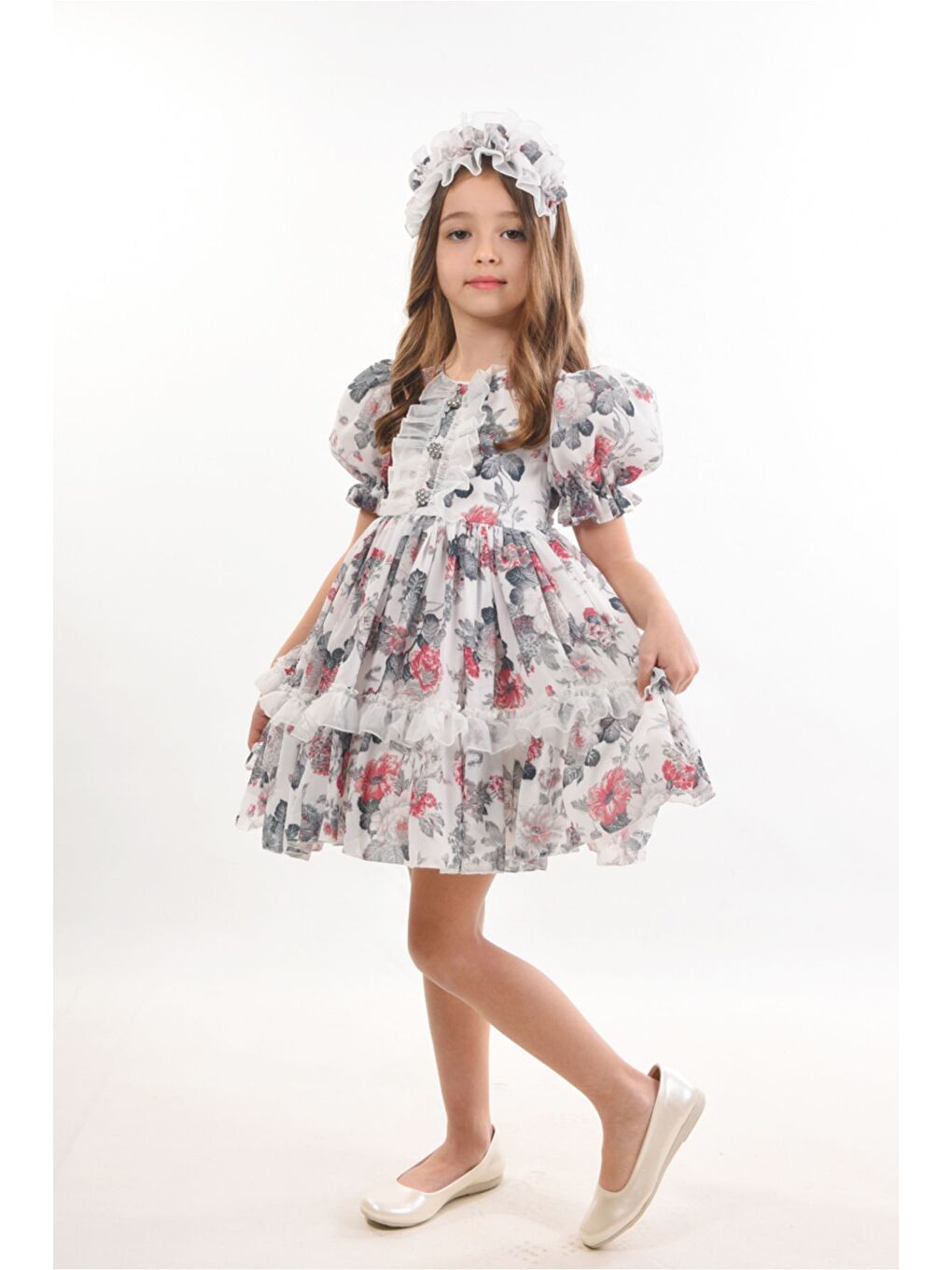 Ekru Çiçekli Saç Aksesuarlı Kız Çocuk Elbise-3