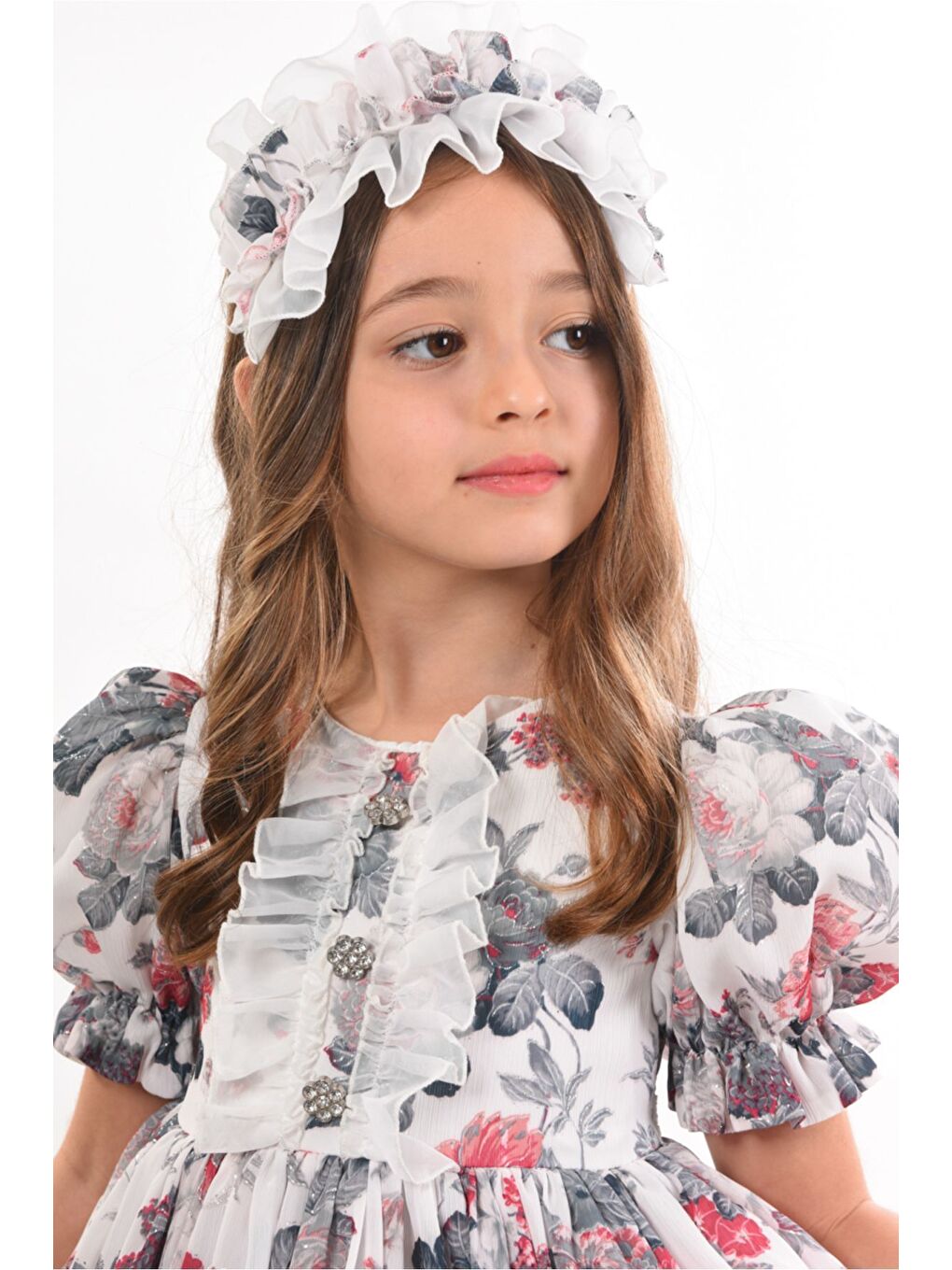 Ekru Çiçekli Saç Aksesuarlı Kız Çocuk Elbise-4