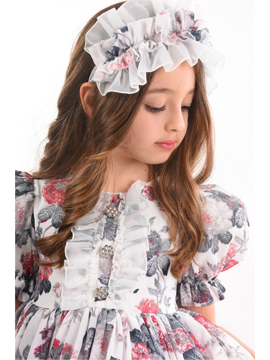 Ekru Çiçekli Saç Aksesuarlı Kız Çocuk Elbise-5