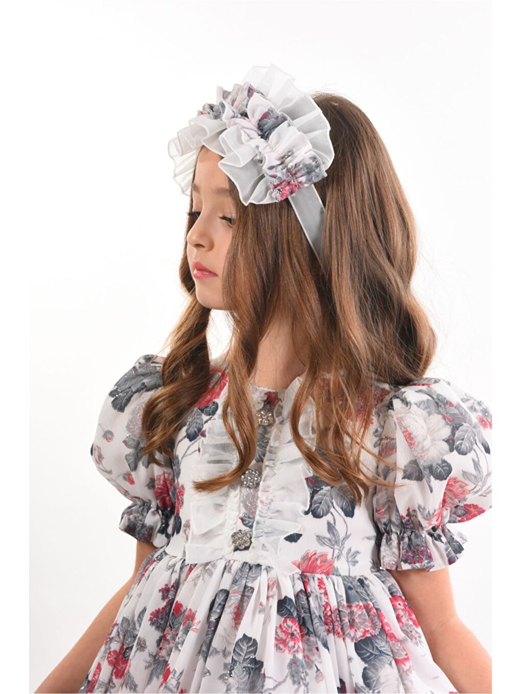 Ekru Çiçekli Saç Aksesuarlı Kız Çocuk Elbise-6