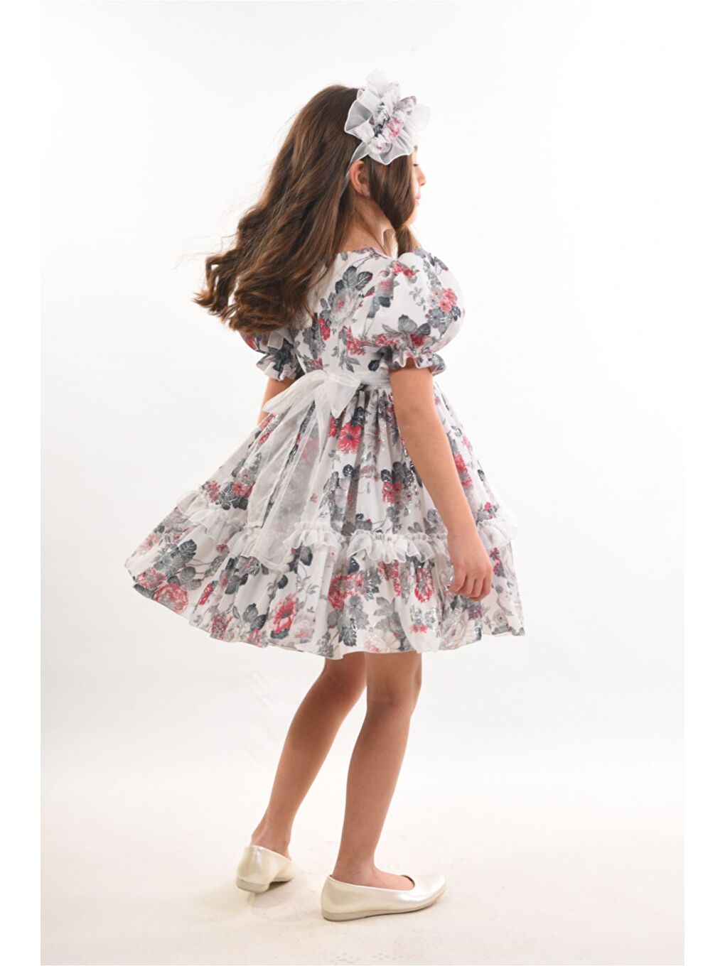 Ekru Çiçekli Saç Aksesuarlı Kız Çocuk Elbise-7