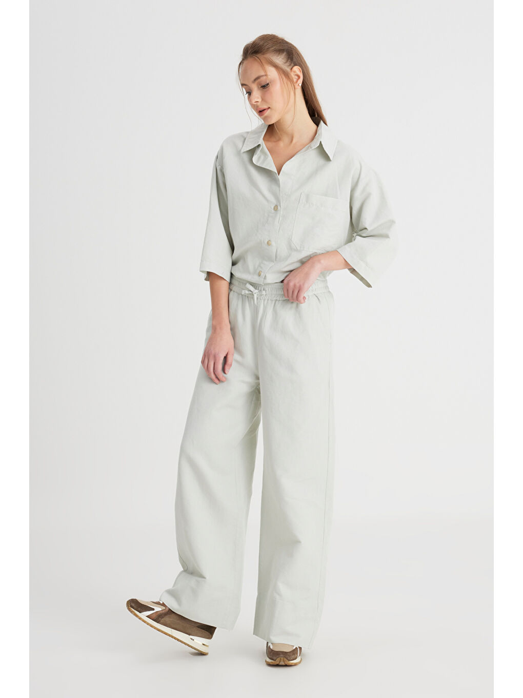 Loose Fit Geniş Kesim Normal Bel Geniş Paça Mint Yeşili Pantolon-1