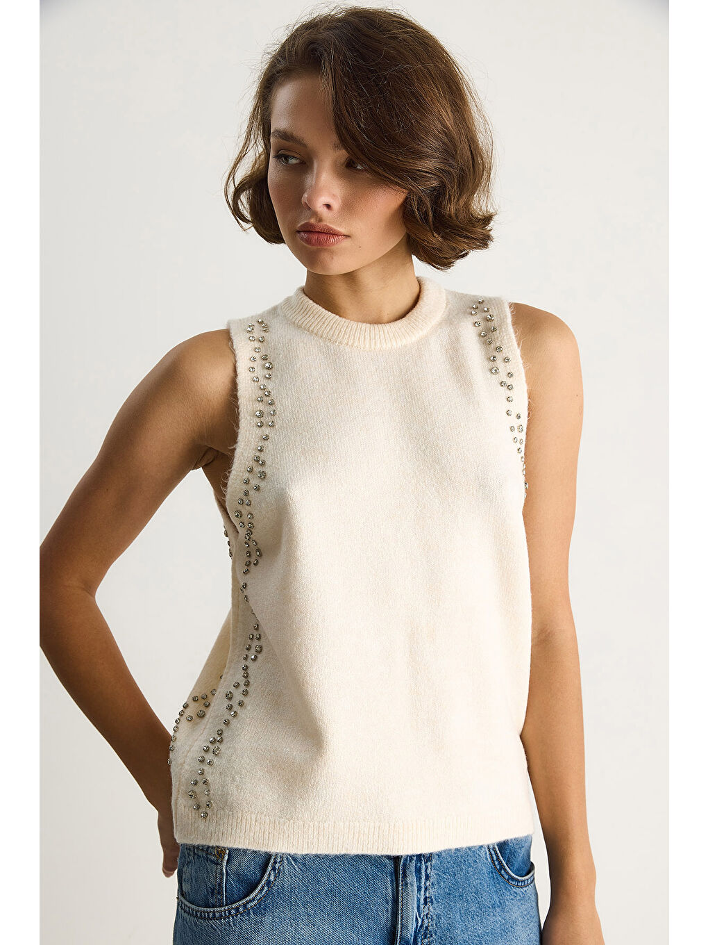 Ekru Kadın Taş İşlemeli Triko Bluz TA-5