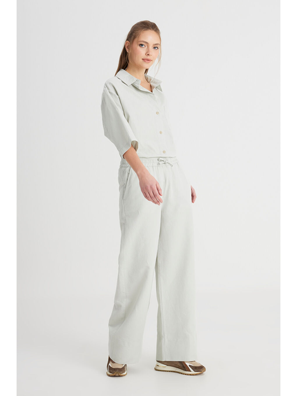 Loose Fit Geniş Kesim Normal Bel Geniş Paça Mint Yeşili Pantolon-2