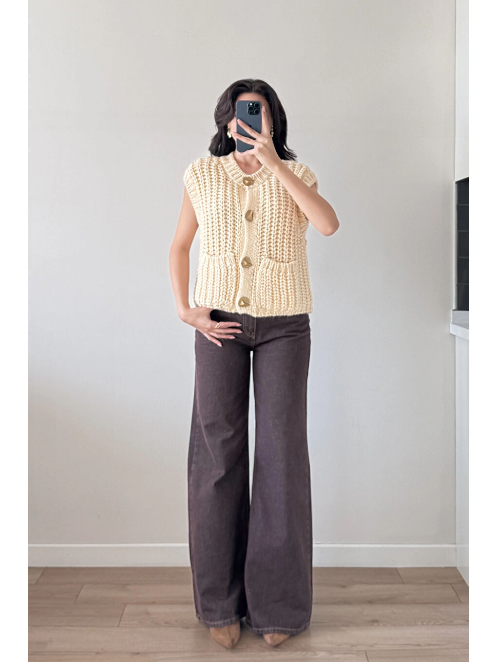 Ekru Kadın Krem Kalın Örgü Yelek 1014-2395-3