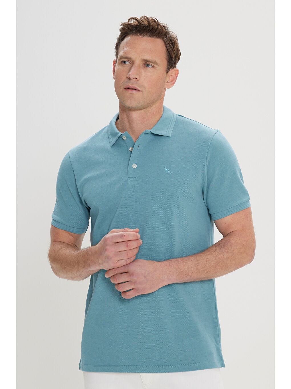 Erkek Petrol Slim Fit Dar Kesim Polo Yaka %100 Pamuk Kısa Kollu Tişört