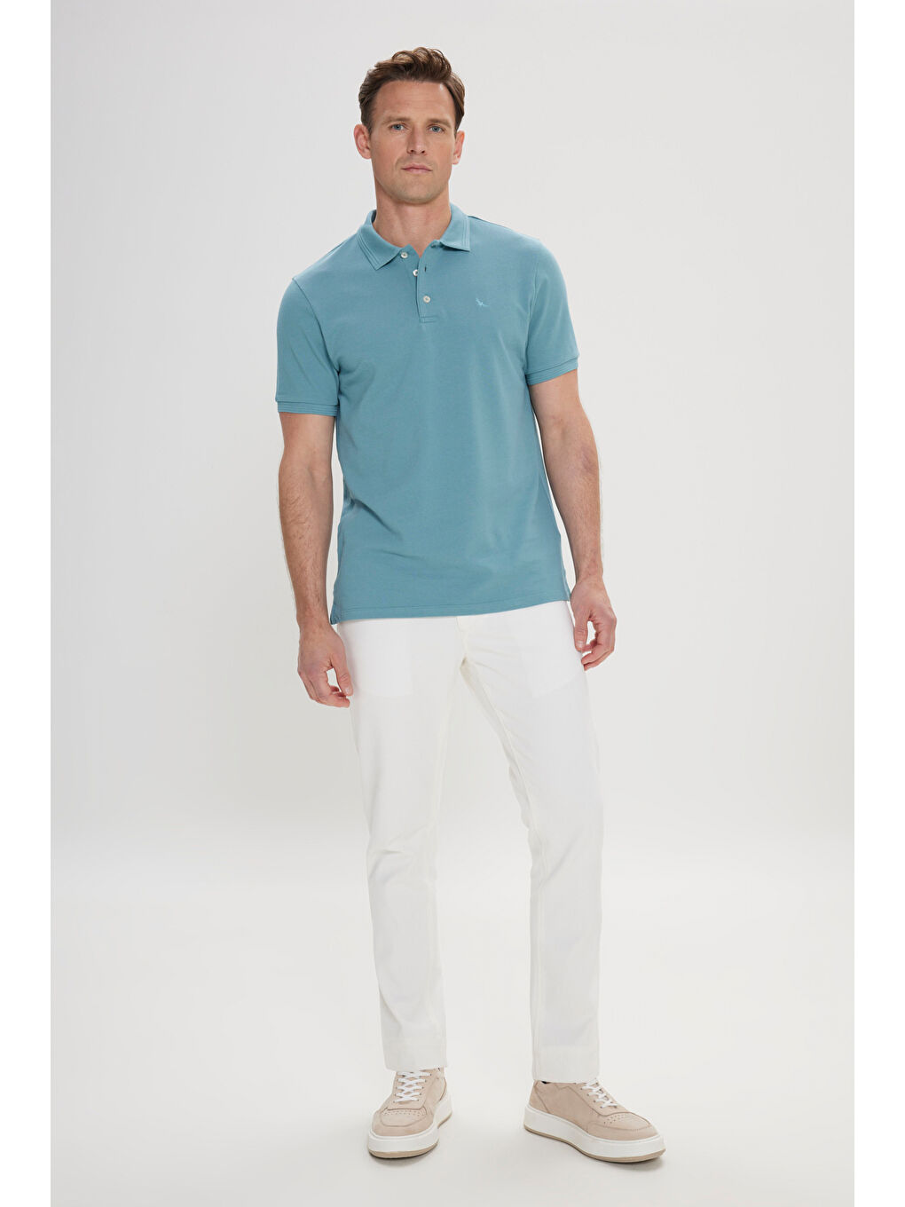 Erkek Petrol Slim Fit Dar Kesim Polo Yaka %100 Pamuk Kısa Kollu Tişört-1