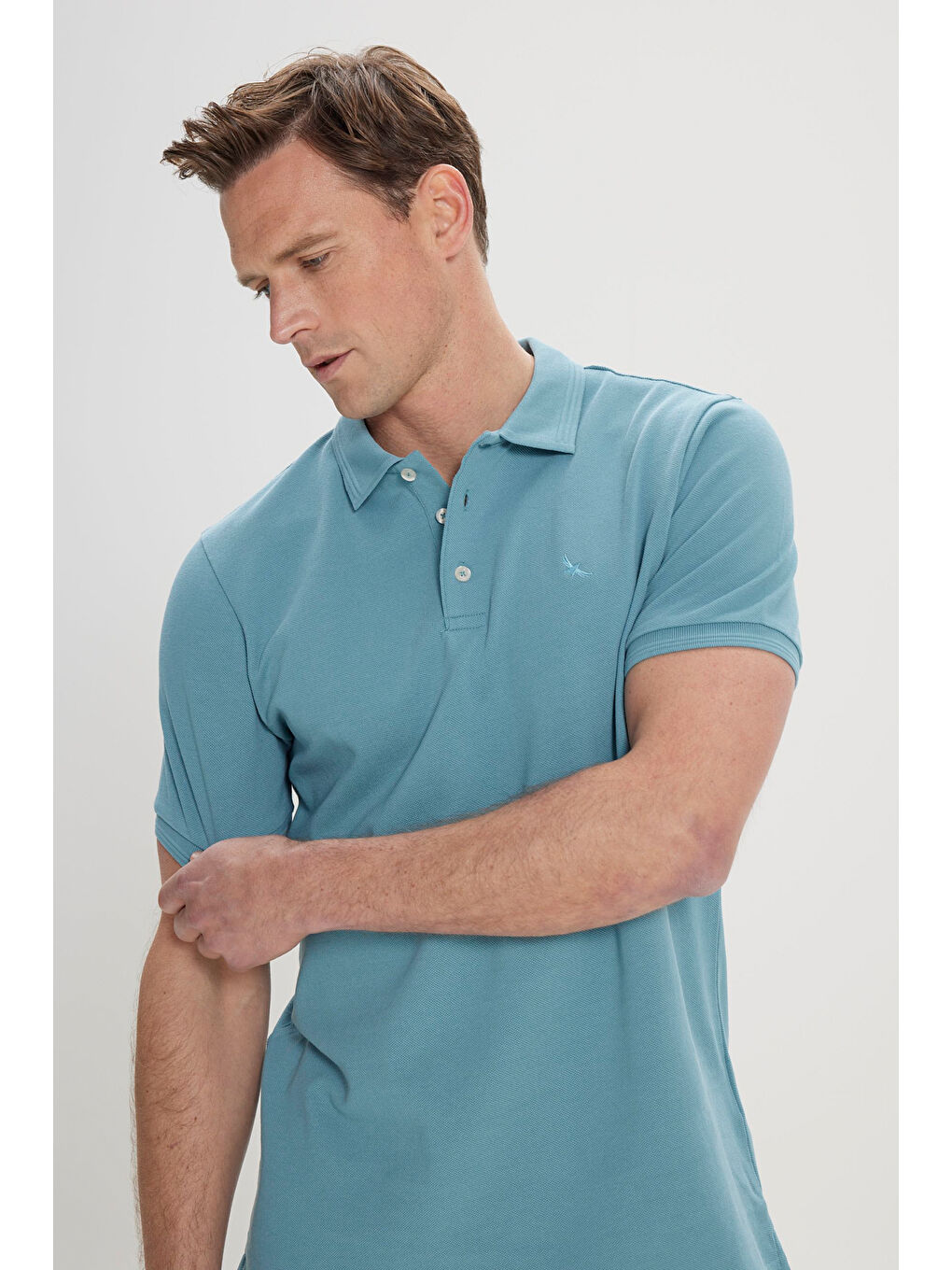 Erkek Petrol Slim Fit Dar Kesim Polo Yaka %100 Pamuk Kısa Kollu Tişört-2