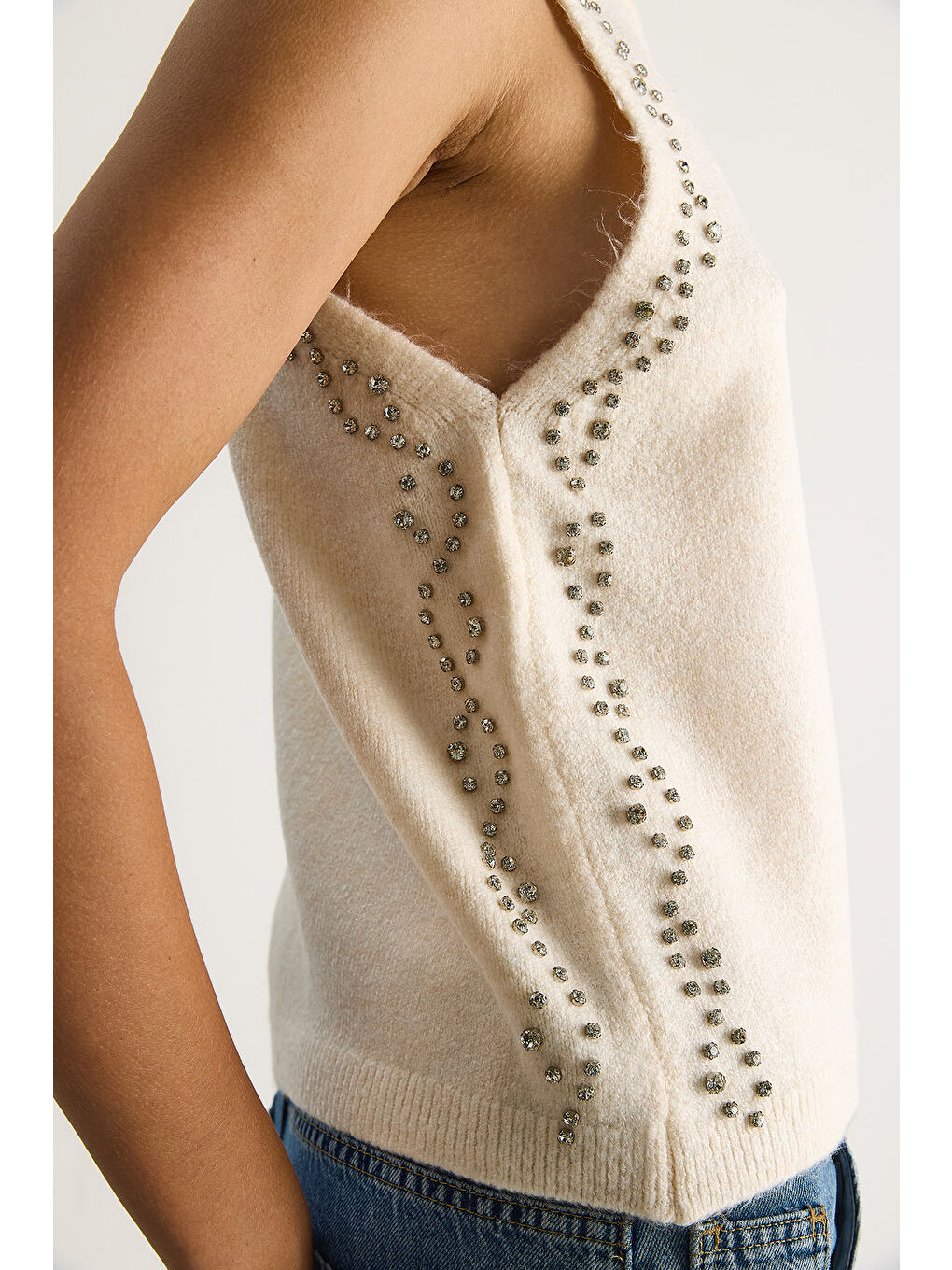 Ekru Kadın Taş İşlemeli Triko Bluz TA-6