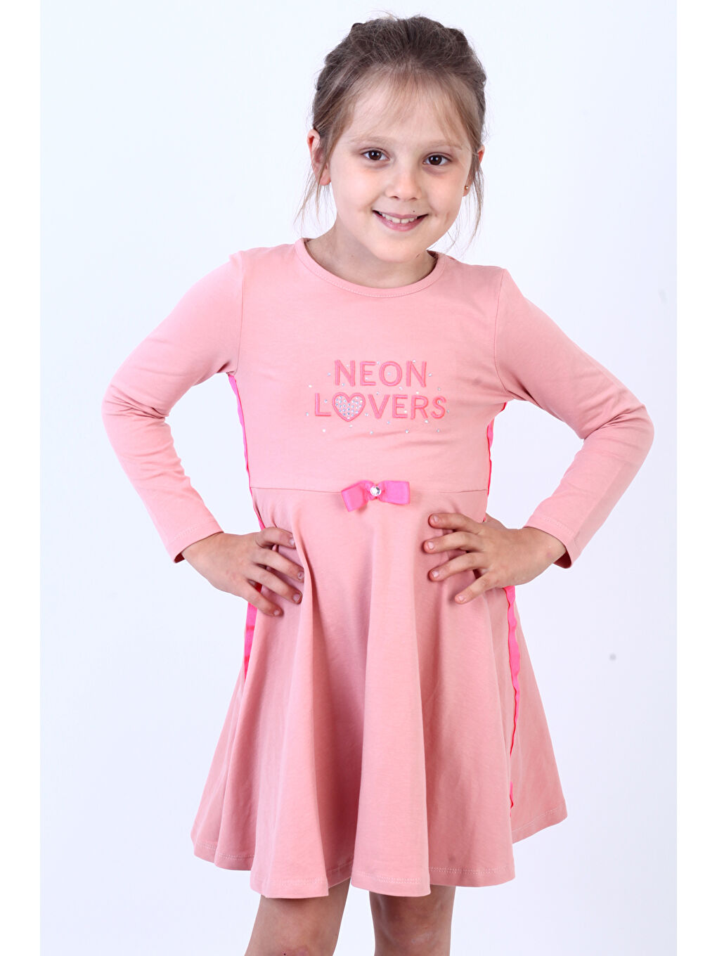 Pembe Kız Çocuk Neon Lover Nakışlı Elbise-1