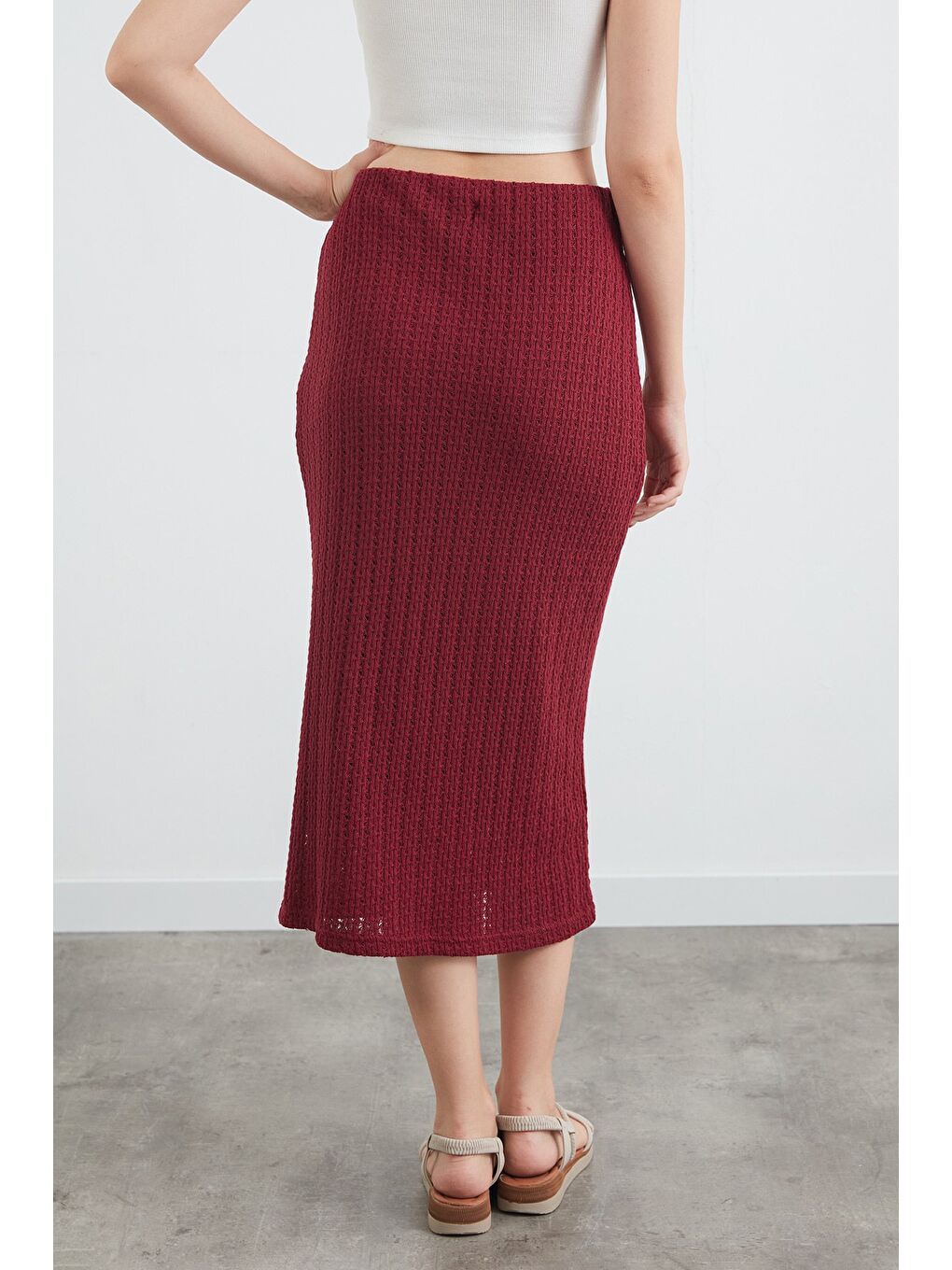 Bordo Beli Lastikli Triko Etek-2