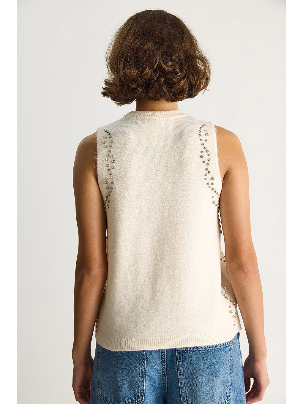 Ekru Kadın Taş İşlemeli Triko Bluz TA-7