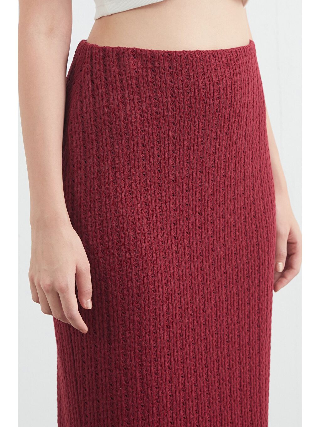 Bordo Beli Lastikli Triko Etek-4