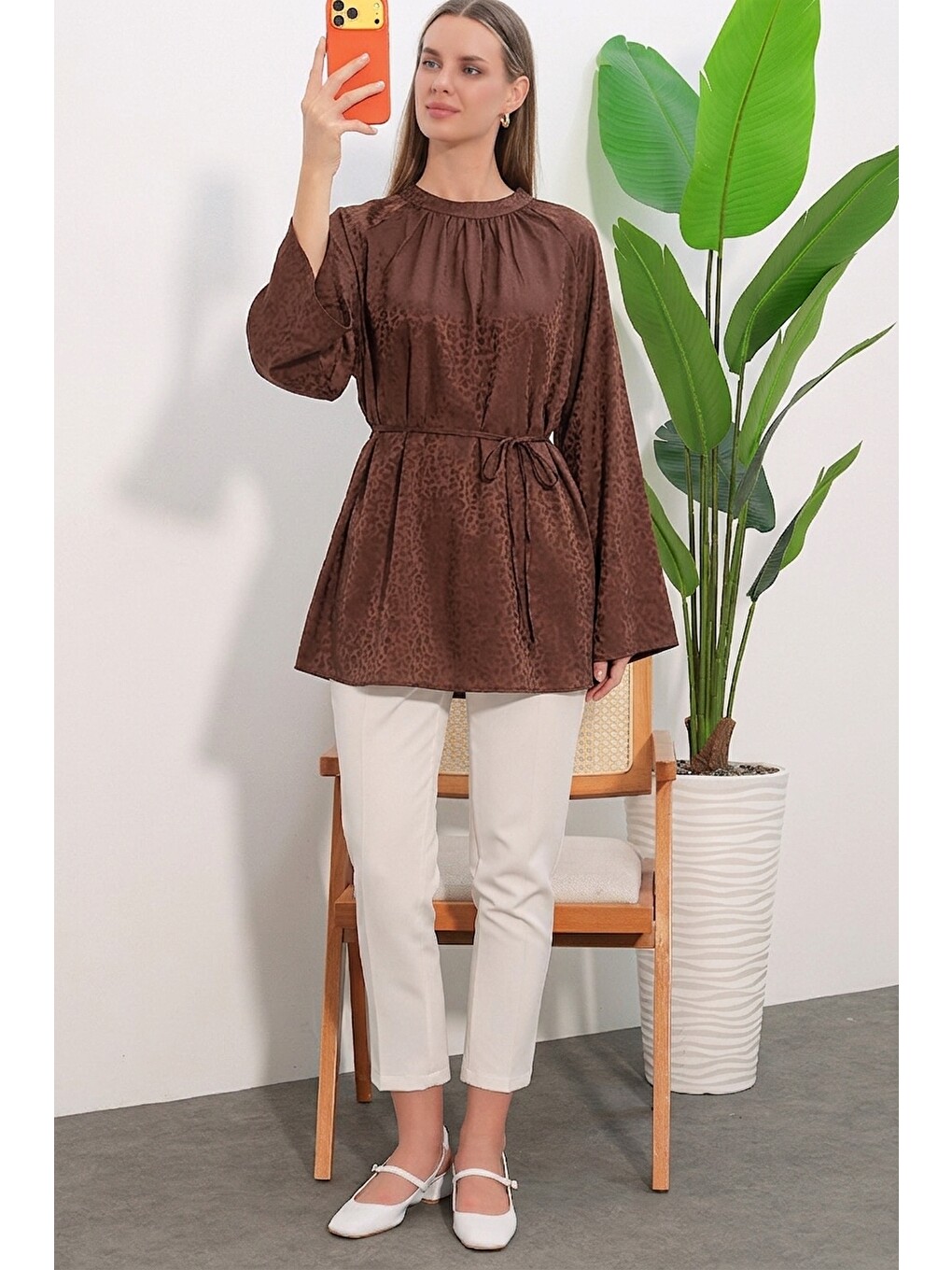 Kadın Çizgili Bağcıklı Oversize Tunik 50009 - Kahverengi
