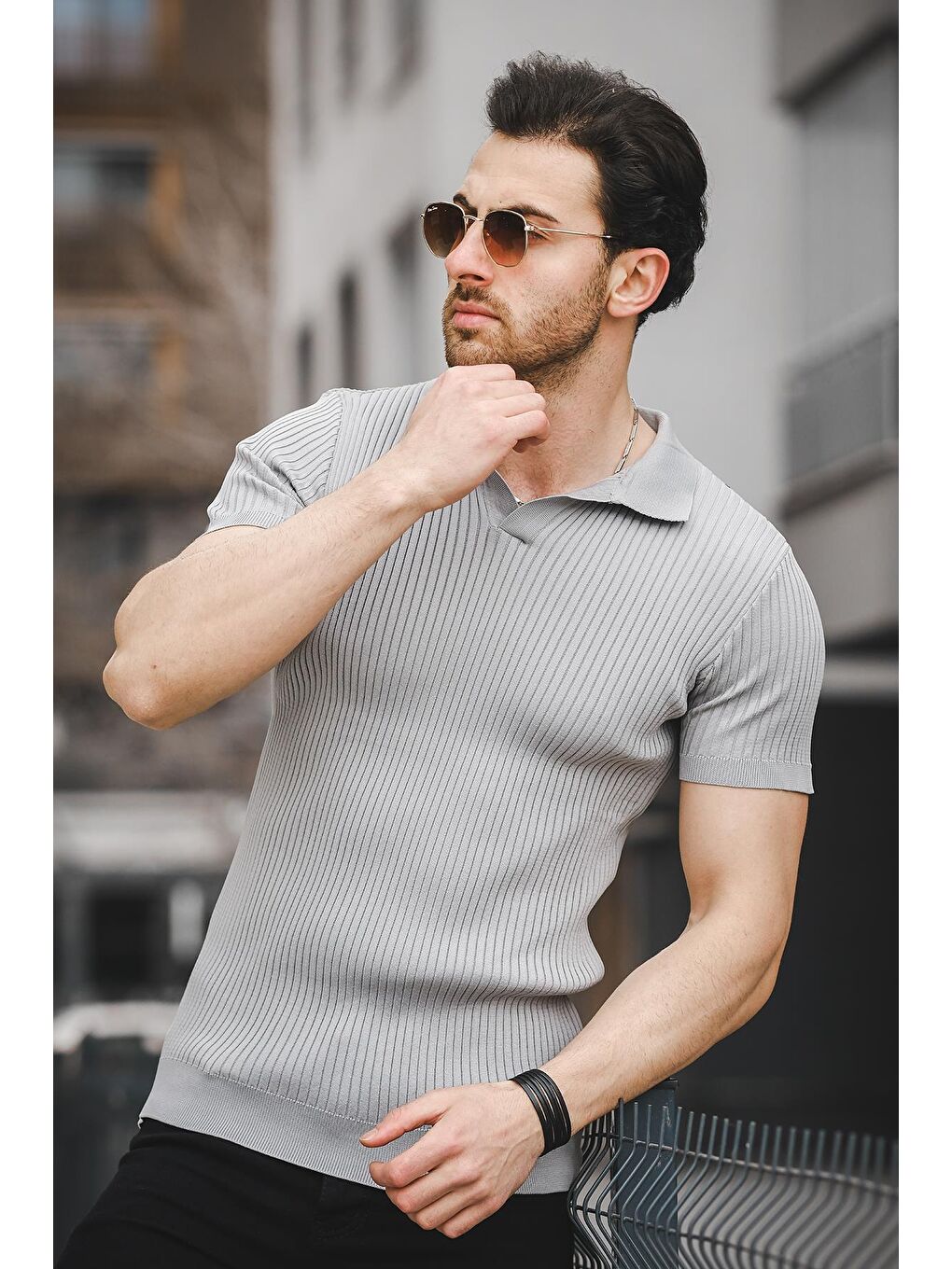 Gri Ht 340017 Polo Yaka Erkek Triko Tişört