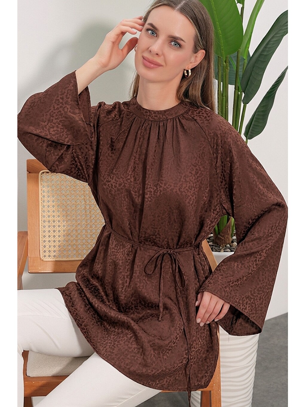 Kadın Çizgili Bağcıklı Oversize Tunik 50009 - Kahverengi-1