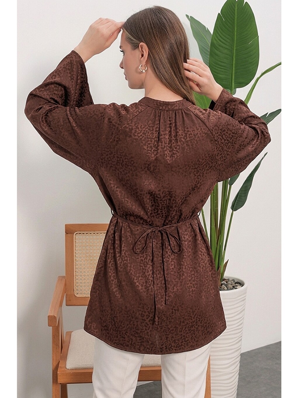 Kadın Çizgili Bağcıklı Oversize Tunik 50009 - Kahverengi-2