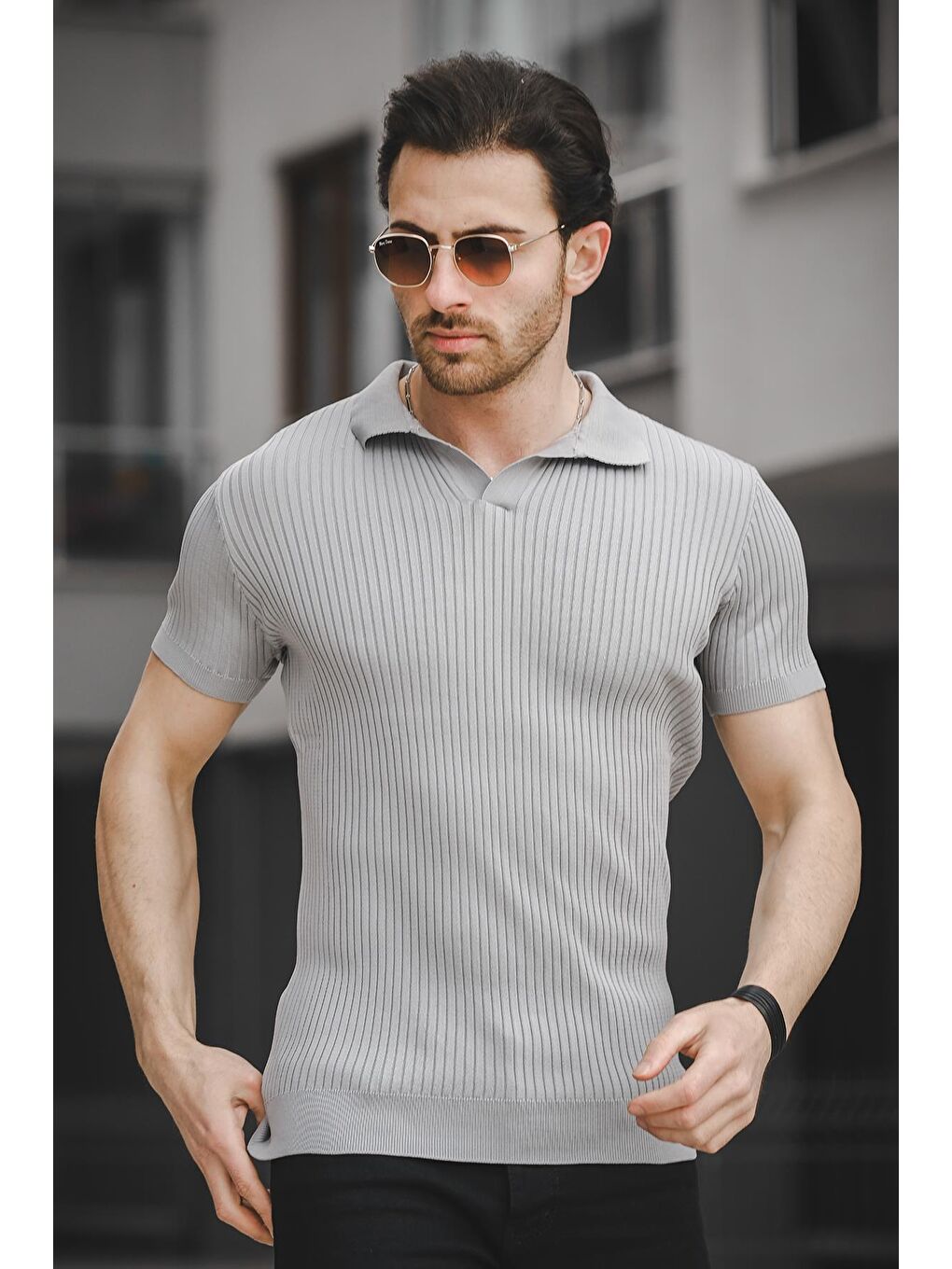 Gri Ht 340017 Polo Yaka Erkek Triko Tişört-1