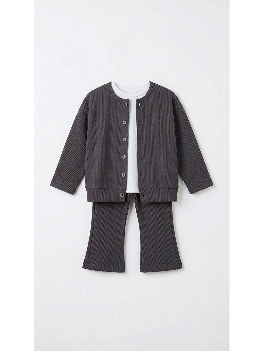 Kız Çocuk Pamuklu Antrasit Fitilli Hırka Pantolon Takım – Düğmeli Hırka, İspanyol Paça-1