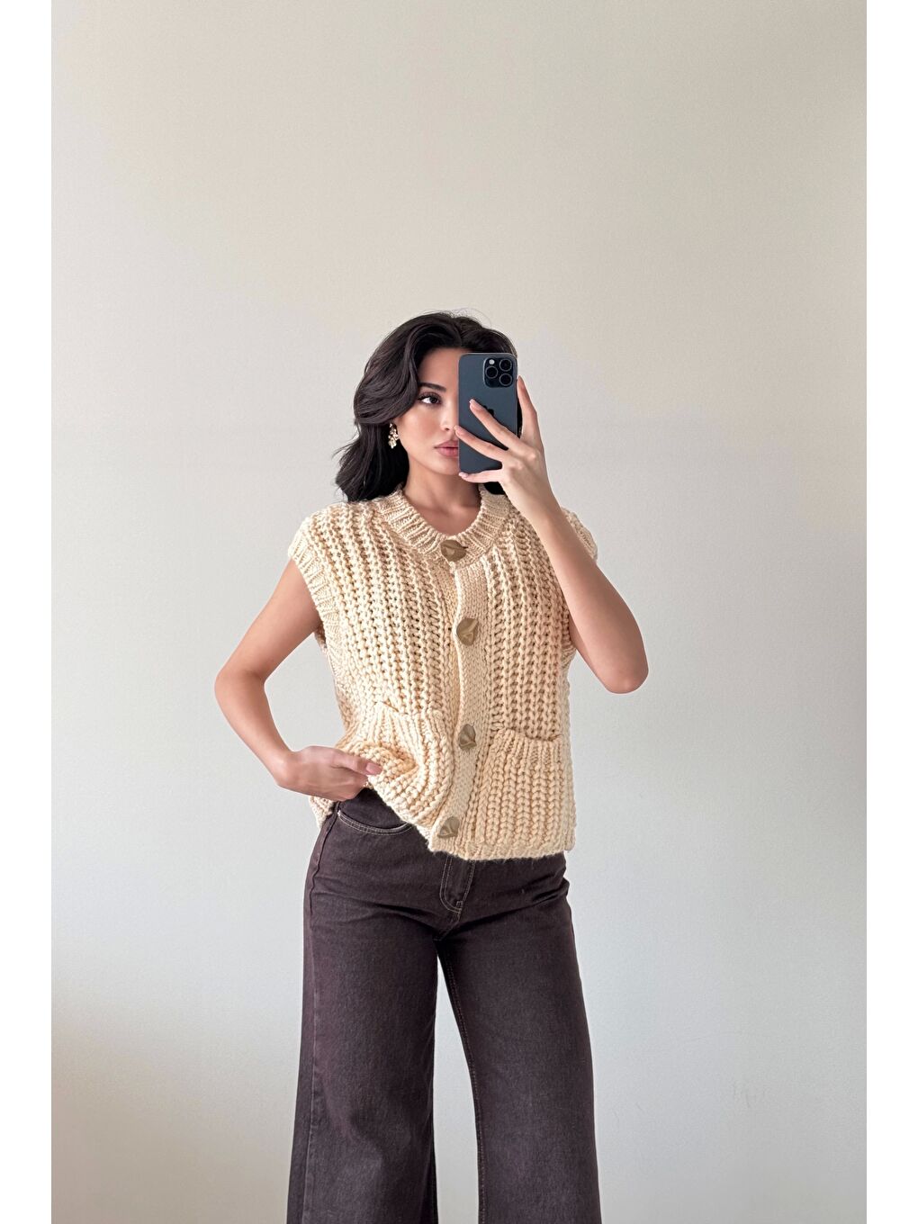Ekru Kadın Krem Kalın Örgü Yelek 1014-2395-4