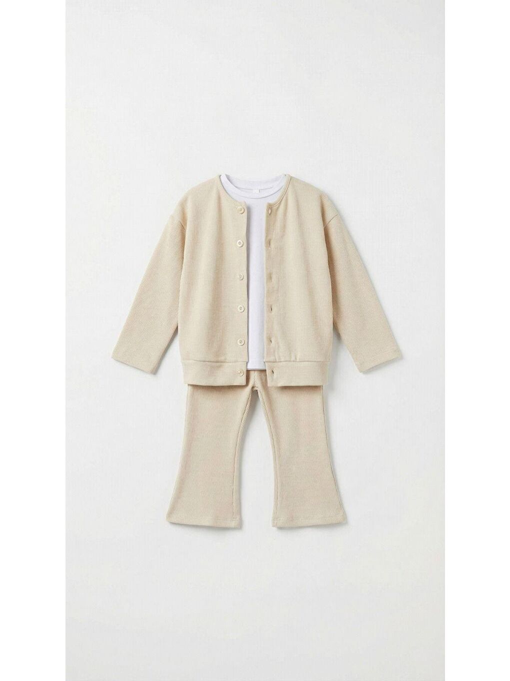 Ekru Kız Çocuk Pamuklu Bej Fitilli Hırka Pantolon Takım – Düğmeli Hırka, İspanyol Paça
