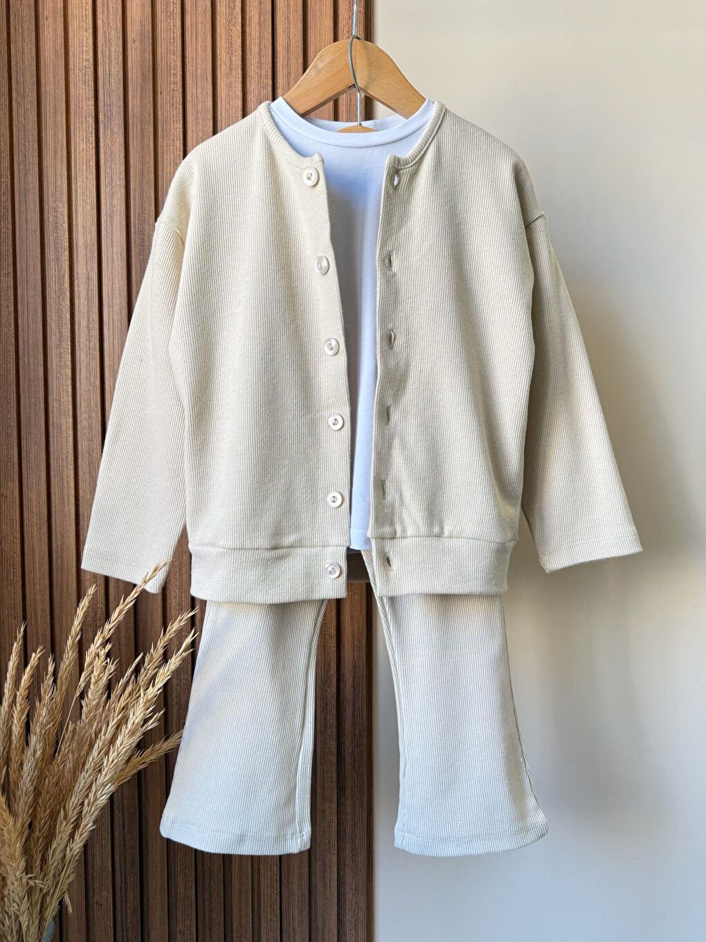 Ekru Kız Çocuk Pamuklu Bej Fitilli Hırka Pantolon Takım – Düğmeli Hırka, İspanyol Paça-1