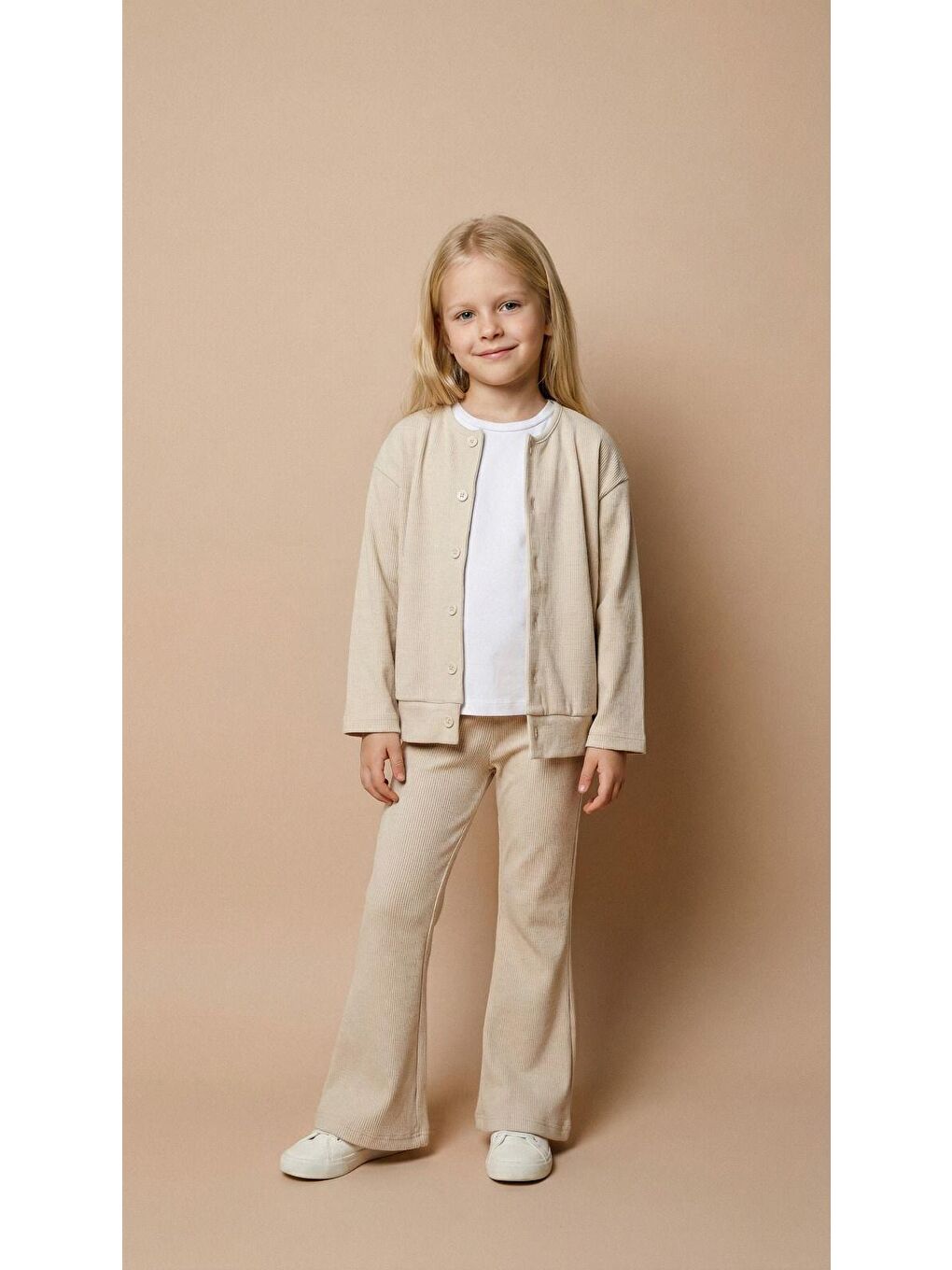 Ekru Kız Çocuk Pamuklu Bej Fitilli Hırka Pantolon Takım – Düğmeli Hırka, İspanyol Paça-2