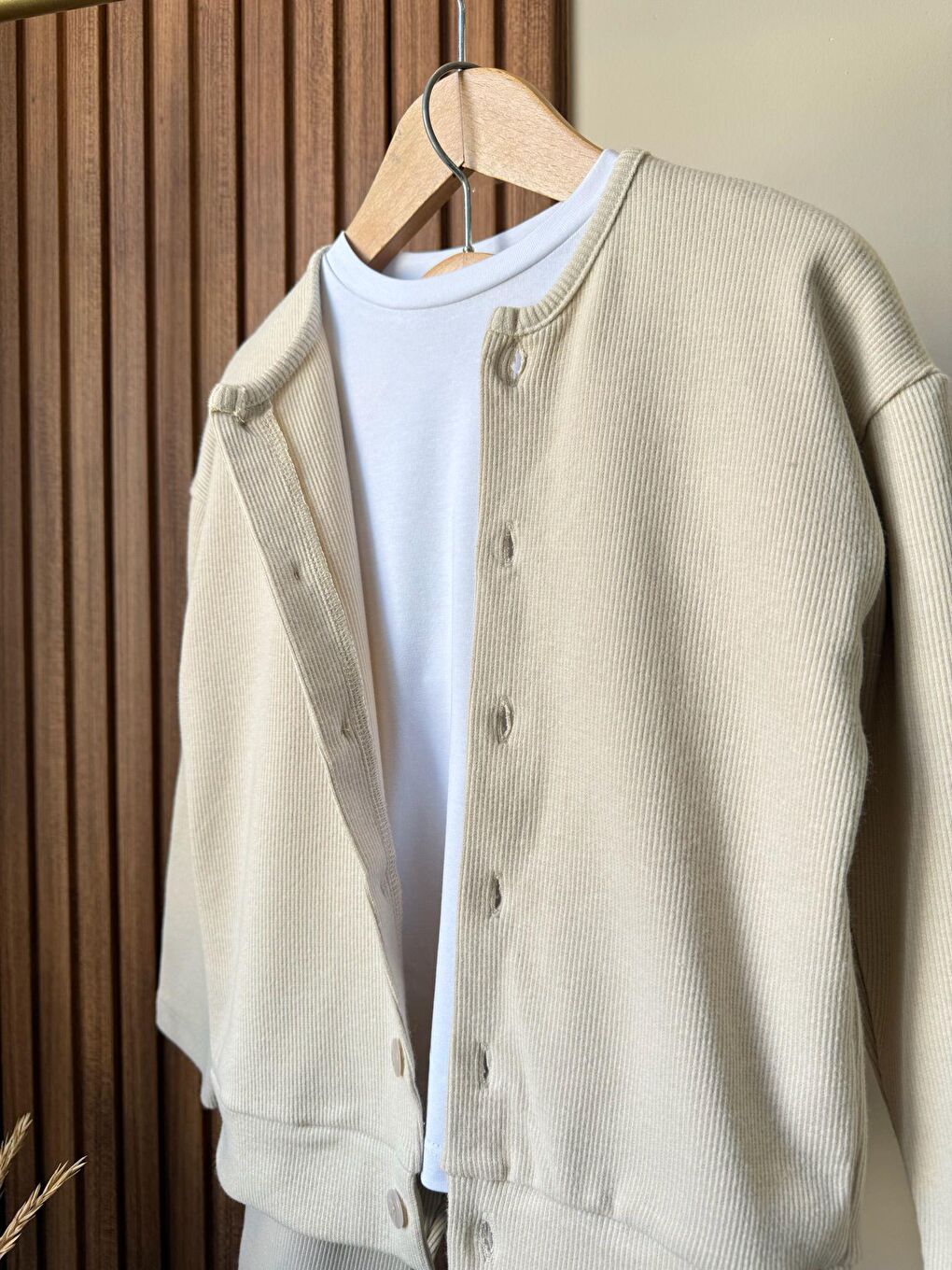 Ekru Kız Çocuk Pamuklu Bej Fitilli Hırka Pantolon Takım – Düğmeli Hırka, İspanyol Paça-3