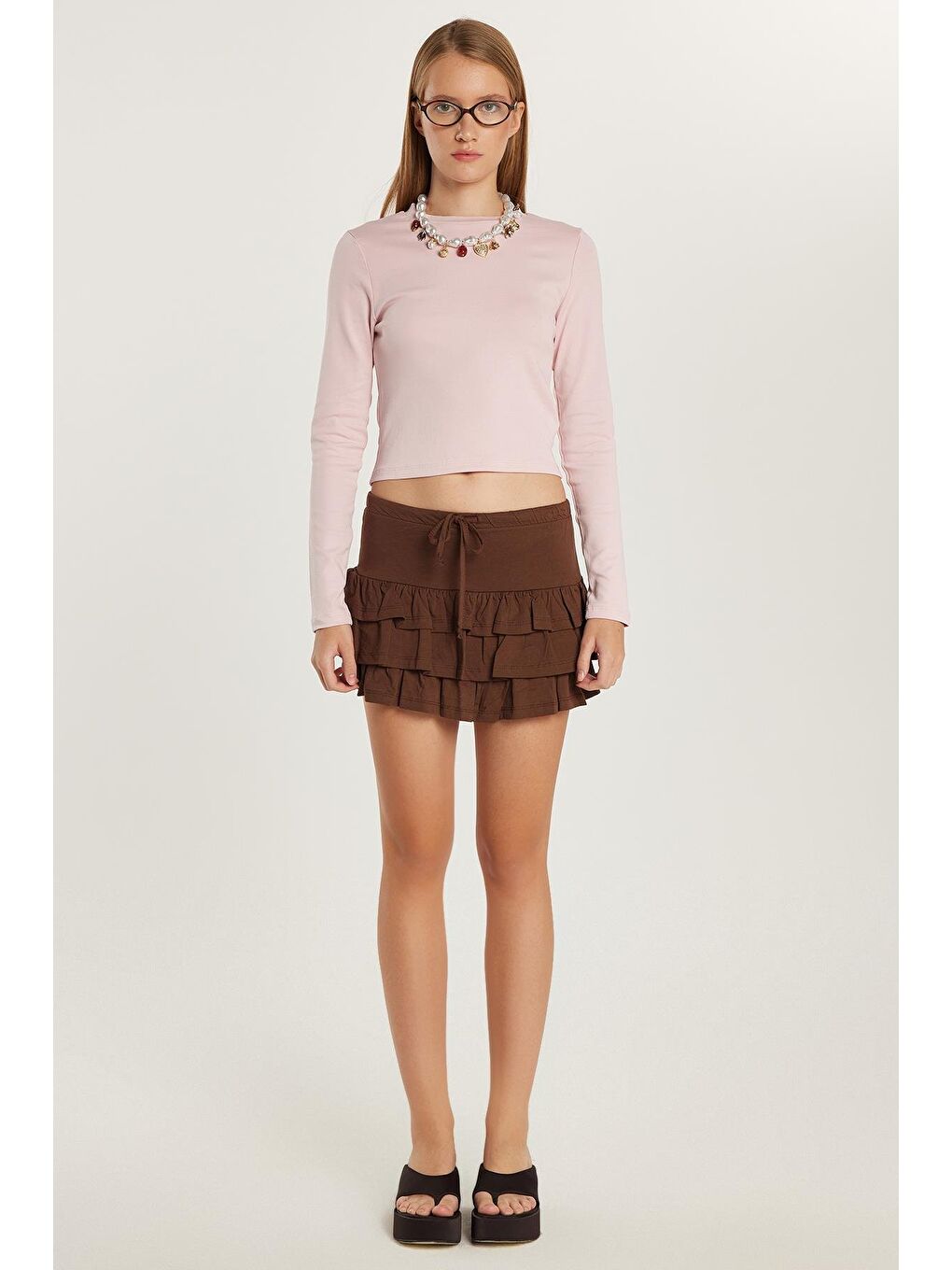 Kadın Regular Fit %100 Pamuk Düz Kahverengi Etek-1