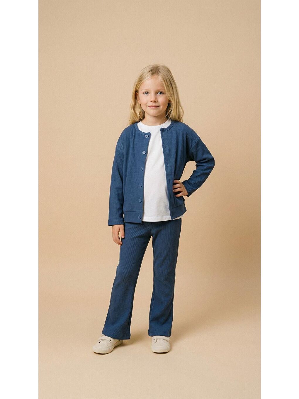 Kız Çocuk Pamuklu Mavi Fitilli Hırka Pantolon Takım – Düğmeli Hırka, İspanyol Paça-2