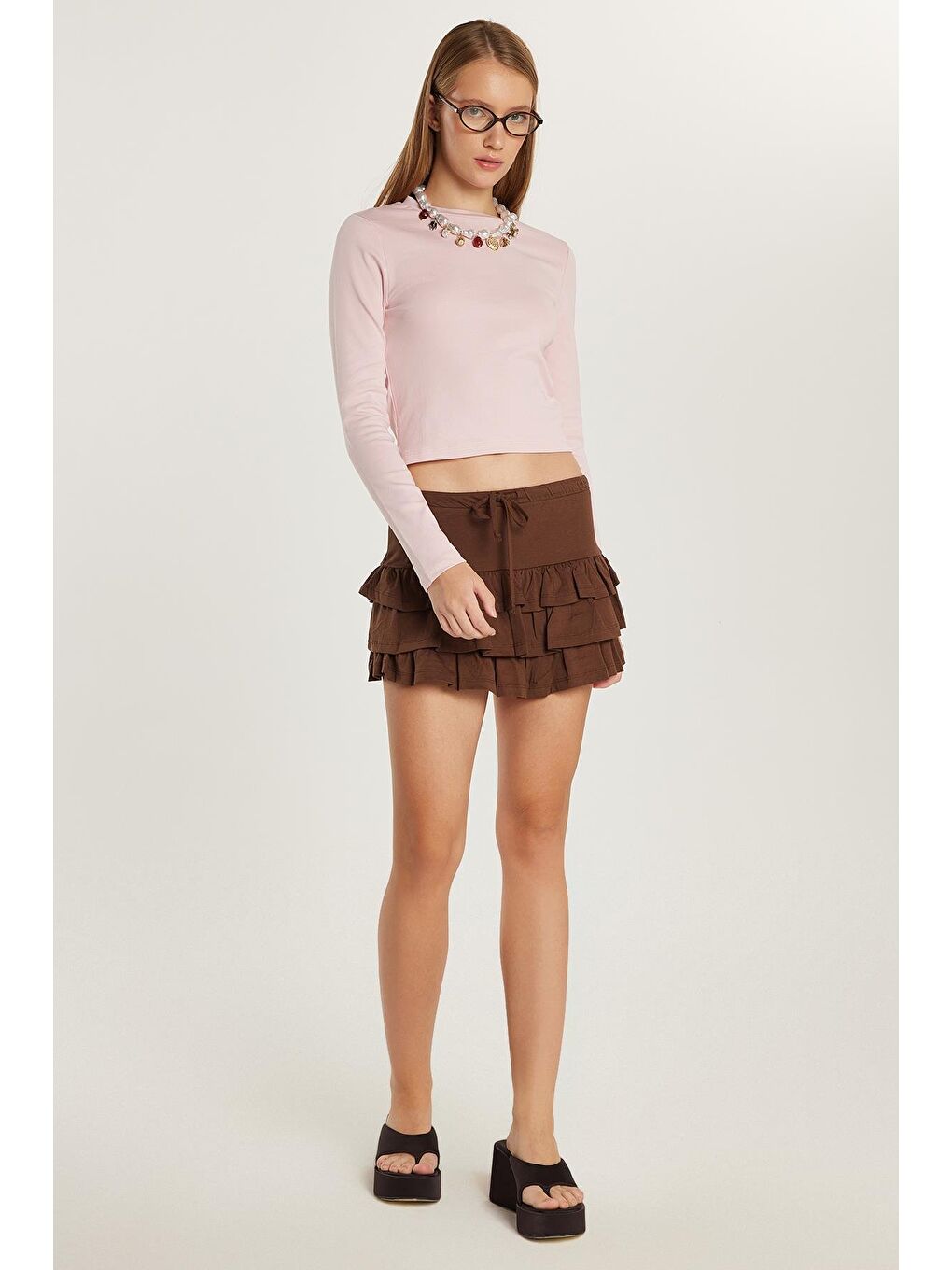 Kadın Regular Fit %100 Pamuk Düz Kahverengi Etek-3