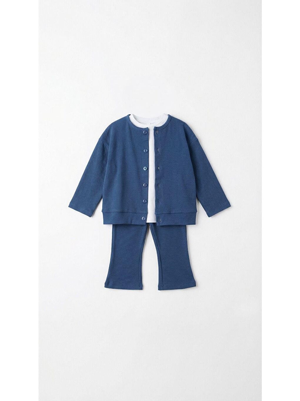 Kız Çocuk Pamuklu Mavi Fitilli Hırka Pantolon Takım – Düğmeli Hırka, İspanyol Paça-3