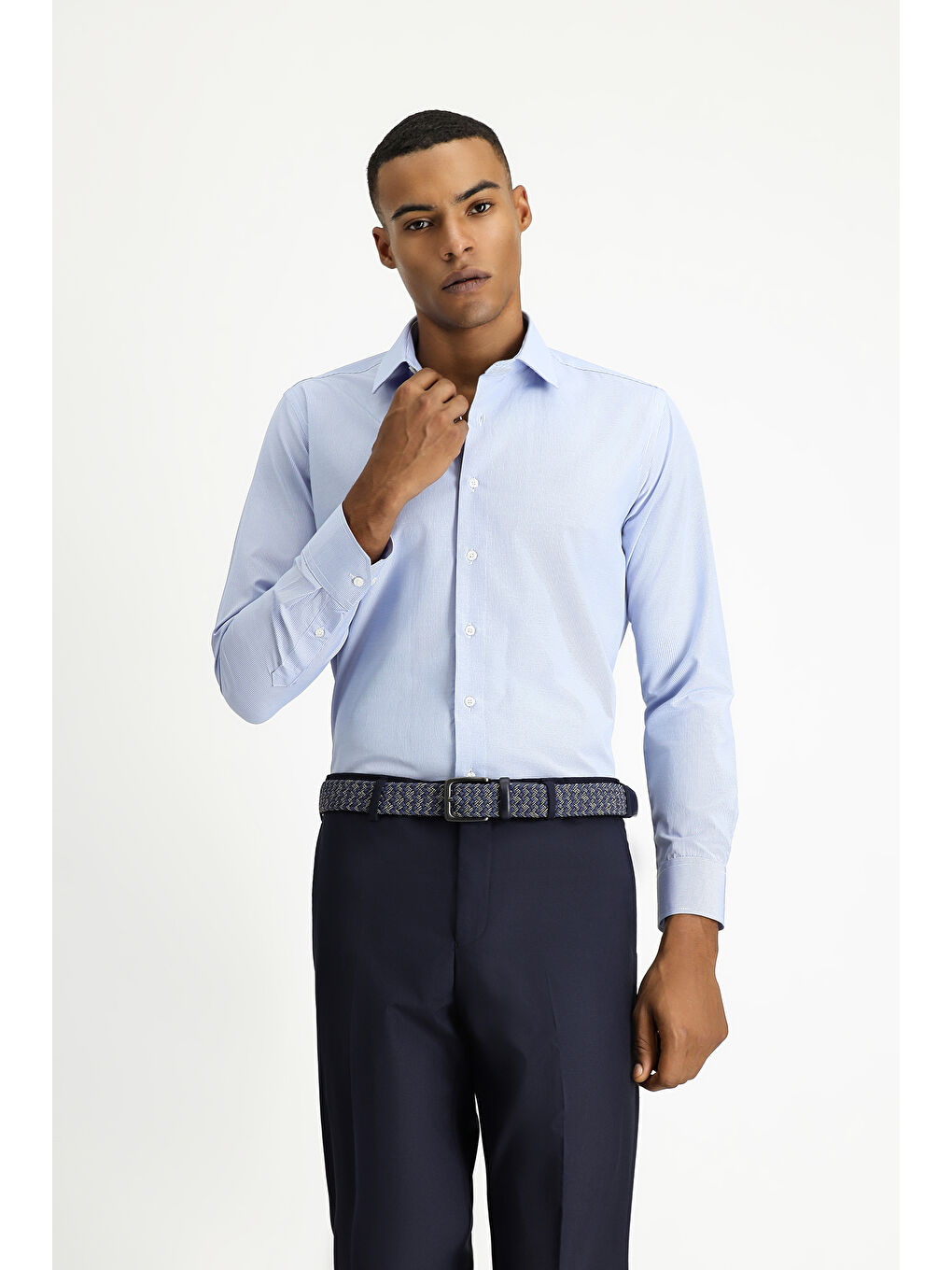 Mavi Uzun Kol Slim Fit Dar Kesim Klasik Desenli Pamuklu Kolay Ütülenebilir Gömlek-1