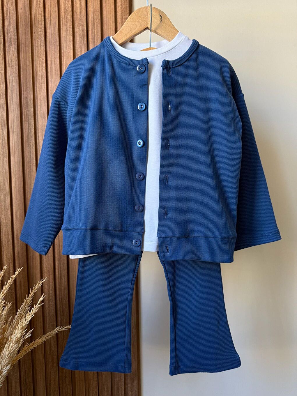 Kız Çocuk Pamuklu Mavi Fitilli Hırka Pantolon Takım – Düğmeli Hırka, İspanyol Paça-4